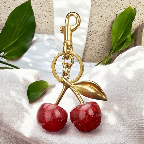 🆕 Glitzy Cherry Delight Fashion Glitter Resin Cherry Bag Gold Charm Keychain - Picture 1 of 13